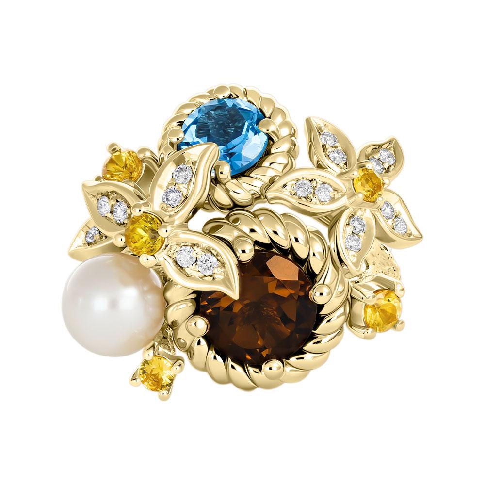 Кольцо с бриллиантами жемчугом и самоцветами 931791