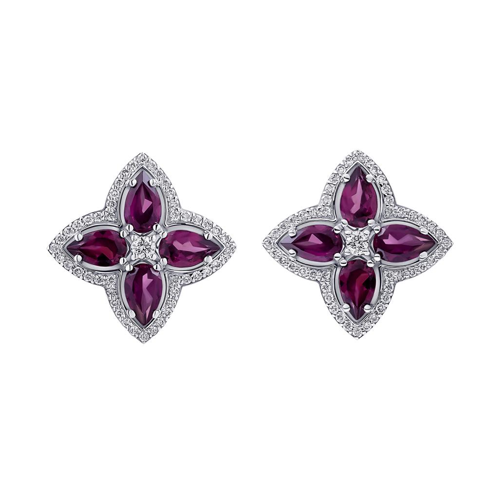 Серьги из белого золота 585 пробы с бриллиантами и родолитами 922789РД